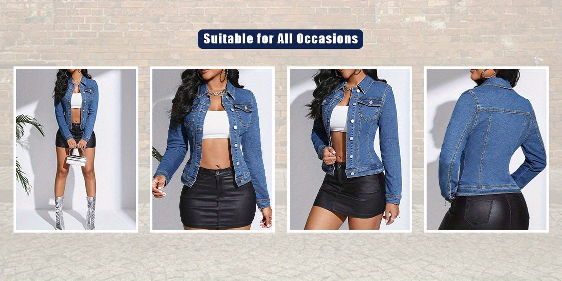 Slim Fit Stretch Denim Jacket Women Vintage Blue Short Form-Fitting Coat with Pockets Stylish Elegant Summer Outerwear