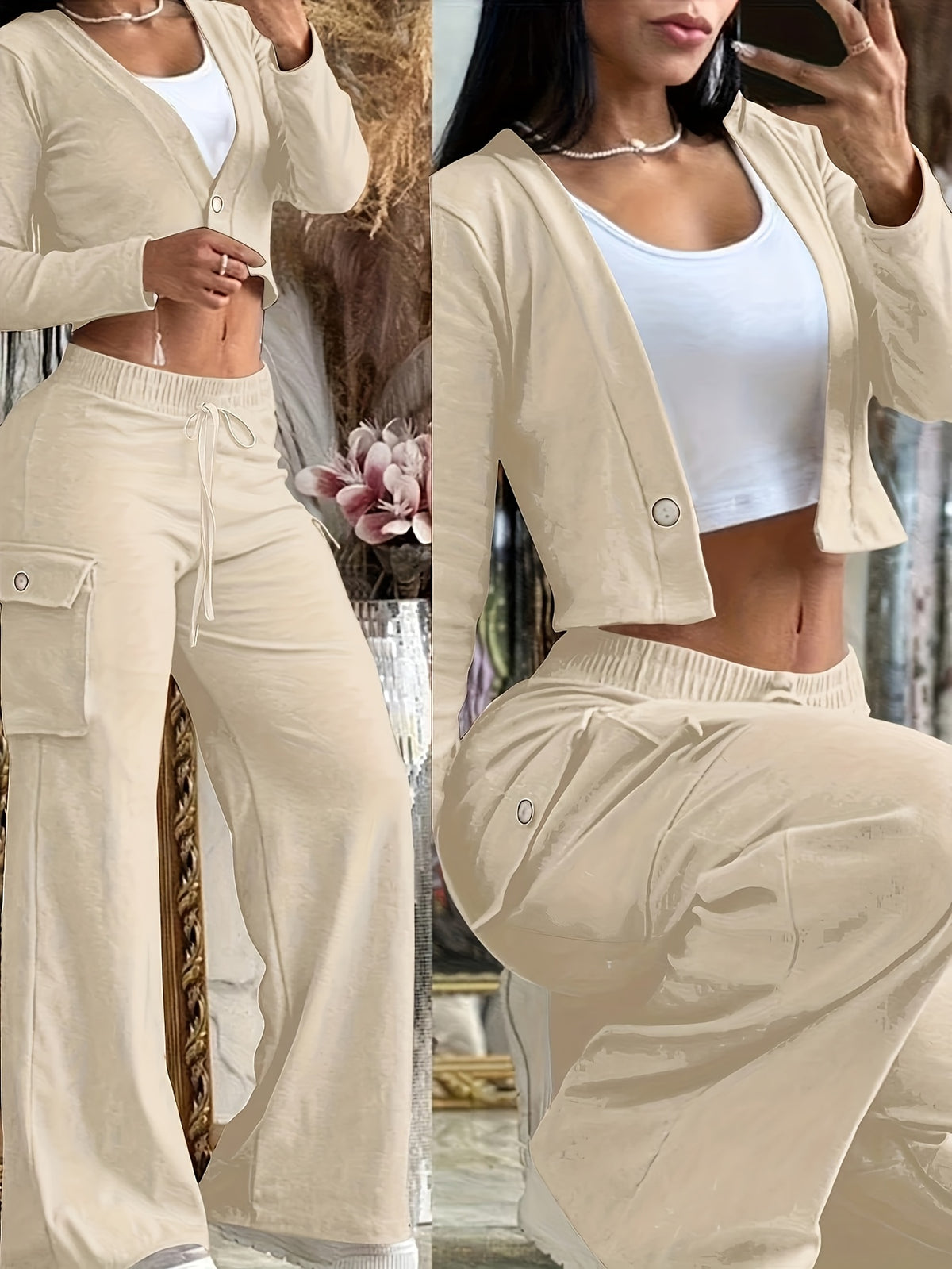 Women's 2 Piece Set Green Cardigan & Camouflage Cargo Pants Y2K Style V-Neck Button Blazer Belted Waist Streetwear Outfit