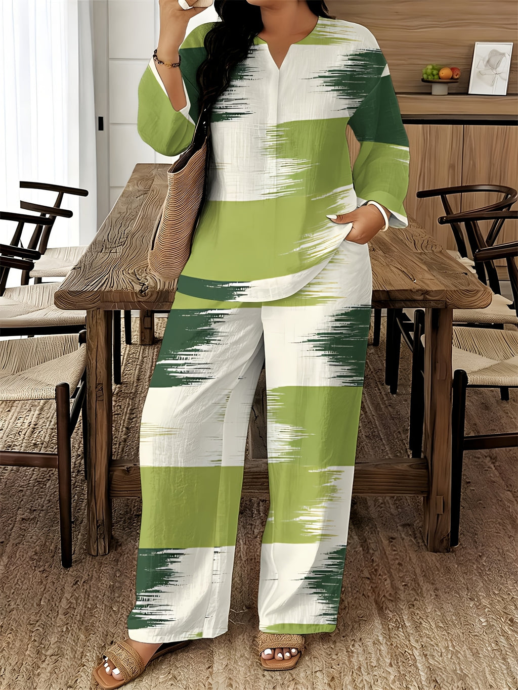 V-Neck Long Sleeve Printed Shirt Pants 2pcs Set Women Floral Digital Print Elastic Waist Casual Loungewear Spring Summer Two-Piece Outfit 15 Colors S-XXL