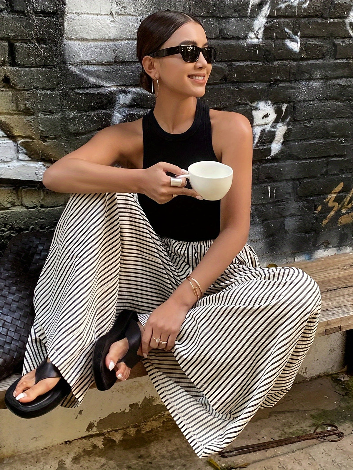 Striped Wide Leg Pants Women Elastic Waist Vertical Stripe Casual Trousers Comfortable Year Round Wear Machine Washable