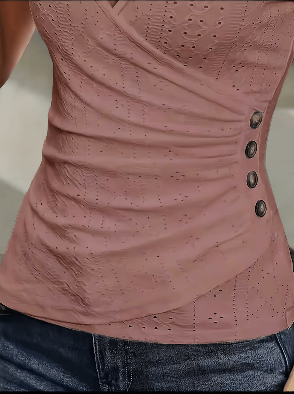 Women's V Neck Eyelet Embroidery Tank Top Lace Blouse Sleeveless Ruched Summer Top Boho Button Side Wrap Front Shirt Slim Fit Flattering Daily Beach Office Vacation