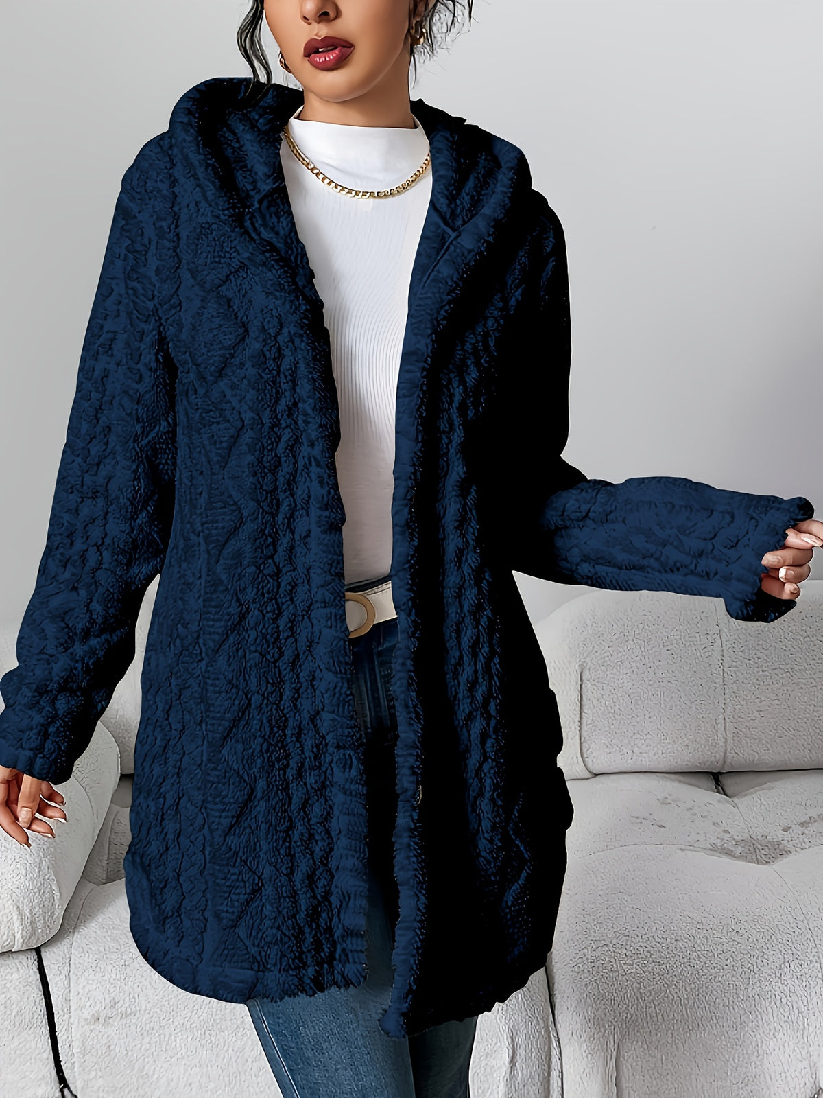Hooded Fuzzy Coat Women Mid-Length Jacket with Buttons Soft Warm Fleece Fall Winter Outerwear 5 Colors S-XXL