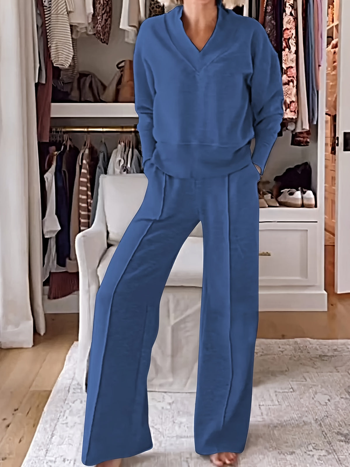 Women's 2 Piece Set V-Neck Long Sleeve Loose Top and Wide Leg Pants Casual Elegant Matching Outfit Spring Fall Fashion