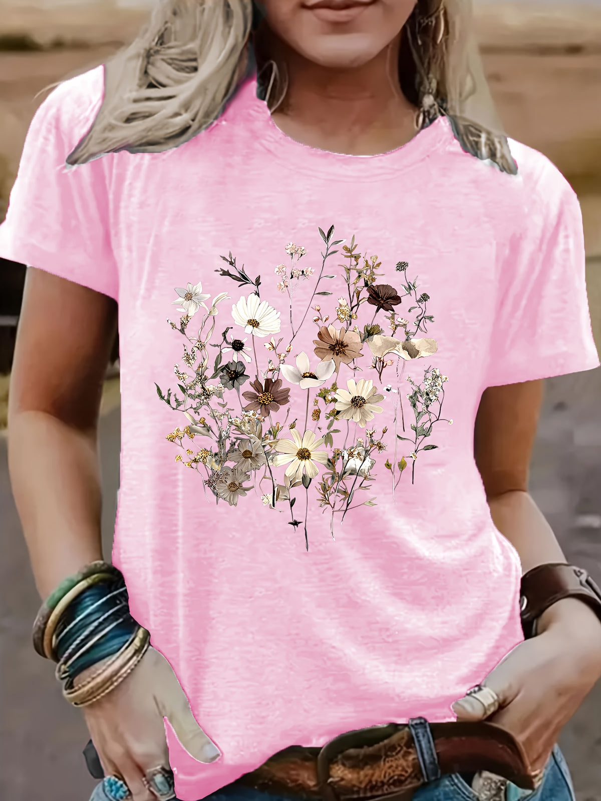 Geometric Print Crew Neck T-Shirt Women Casual Short Sleeve Stretch Knit Graphic Tee Light Airy Spring Summer Fall S-XXL