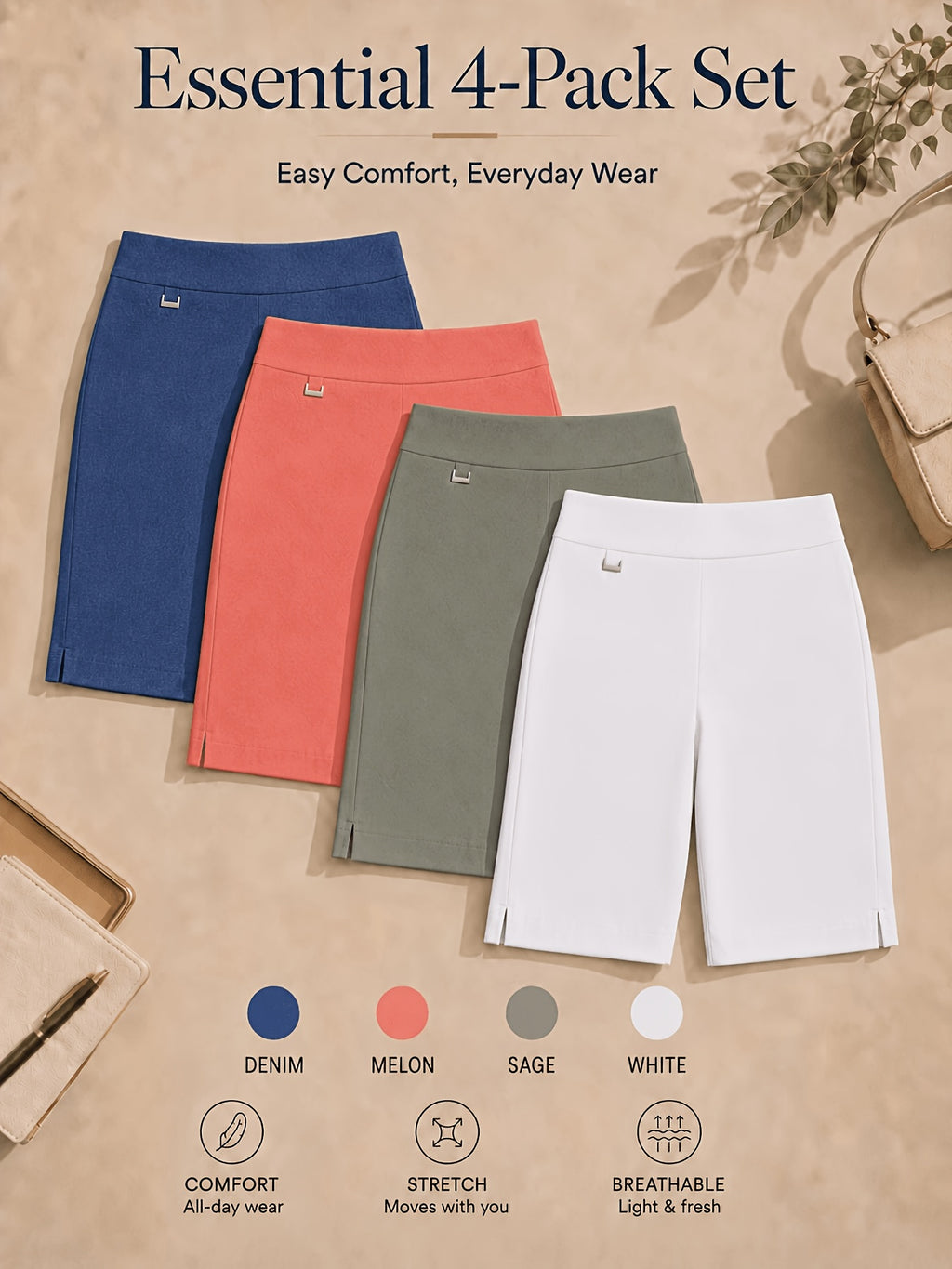 Women's Bermuda Shorts 4-Pack Pull-On Stretchy Breathable Knee Length Work Shorts with Side Slit Hem Skin-Friendly Multi-Color Set