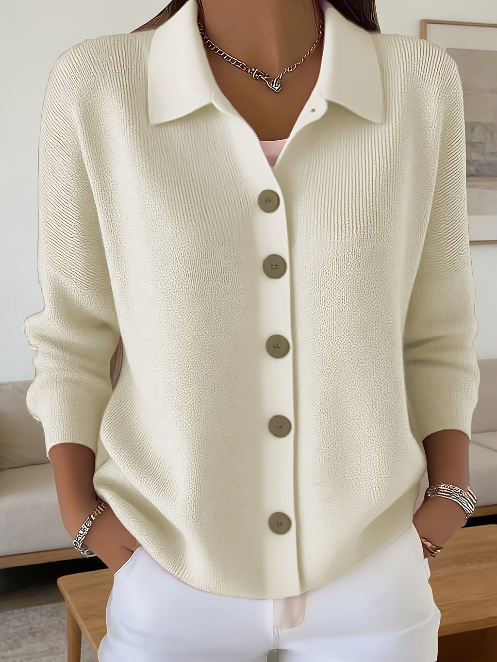 Button Lapel Knit Cardigan for Women – Solid Color Casual Knitwear Sweater, Elegant Layering Cardigan for Autumn & Winter Everyday Wear