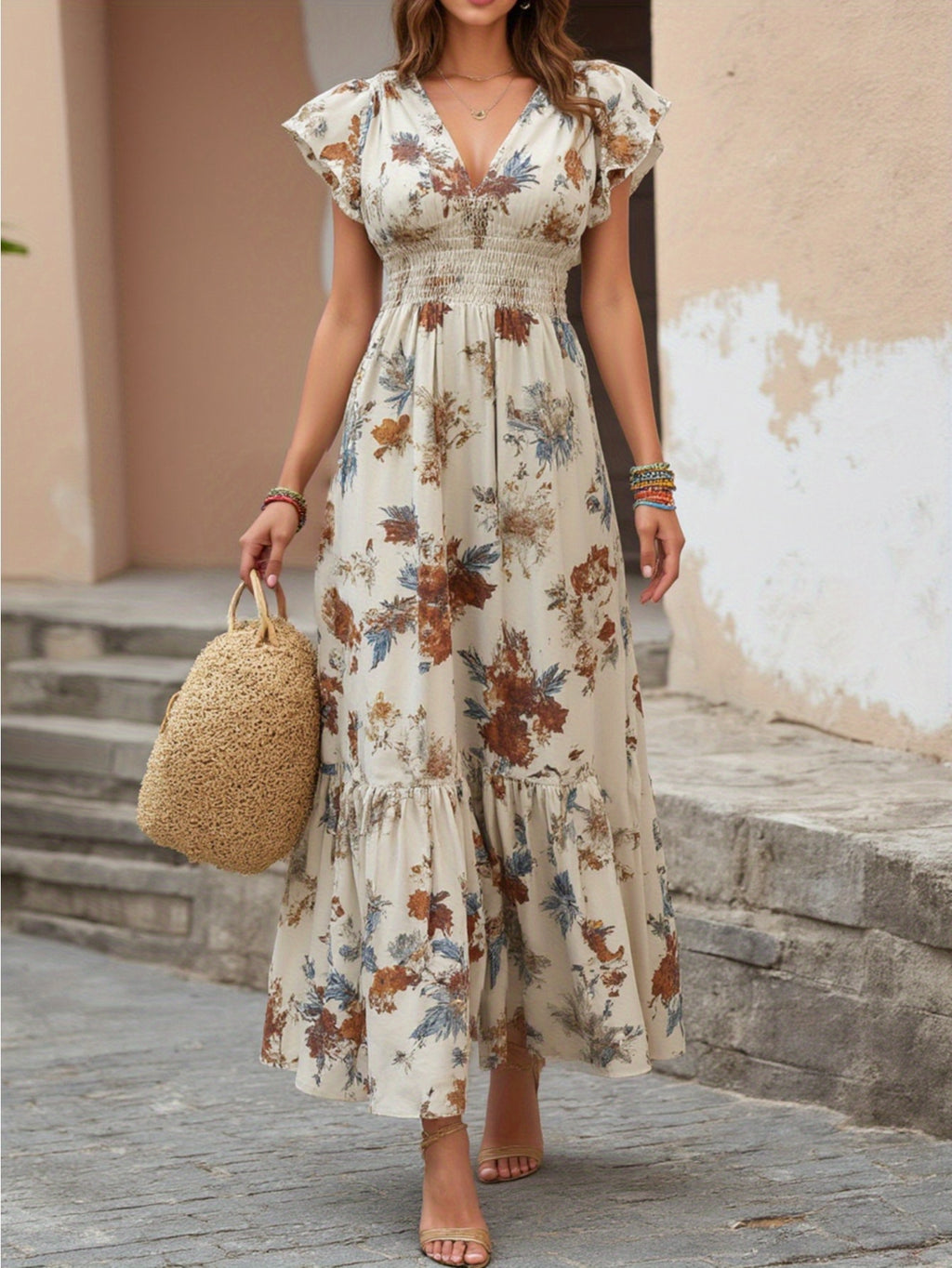 Floral Maxi Dress for Women Smocked Waist V-Neck Flutter Sleeve Bohemian Vacation Style Spring Summer 100% Polyester Woven Long Dress