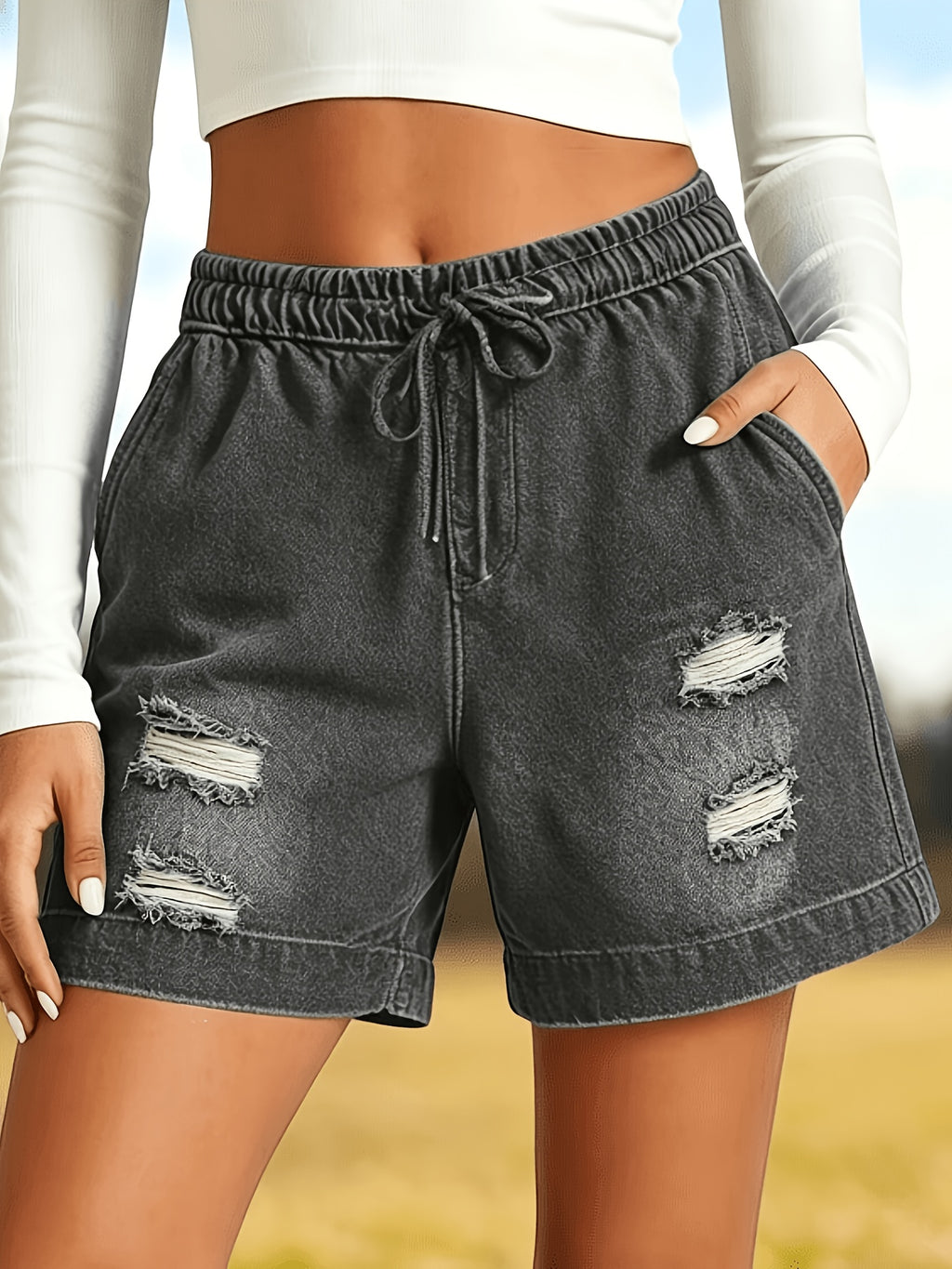 Ripped Denim Shorts Women Elastic Waist Drawstring Loose Casual Summer Pockets 4 Colors S-XXL