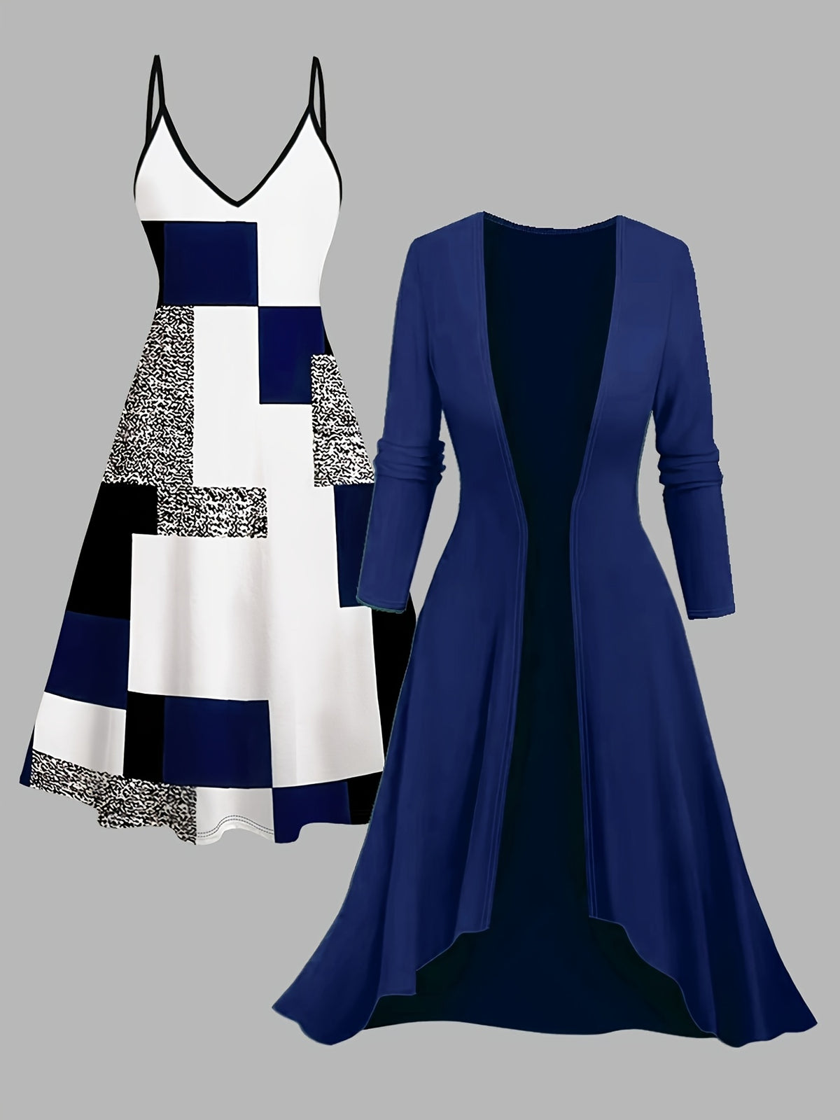 Printed Dress & Long Coat 2-Piece Set for Women – Elegant Fashionable Graphic Dress with Solid Color Longline Cardigan Coat, Chic Casual Outfit