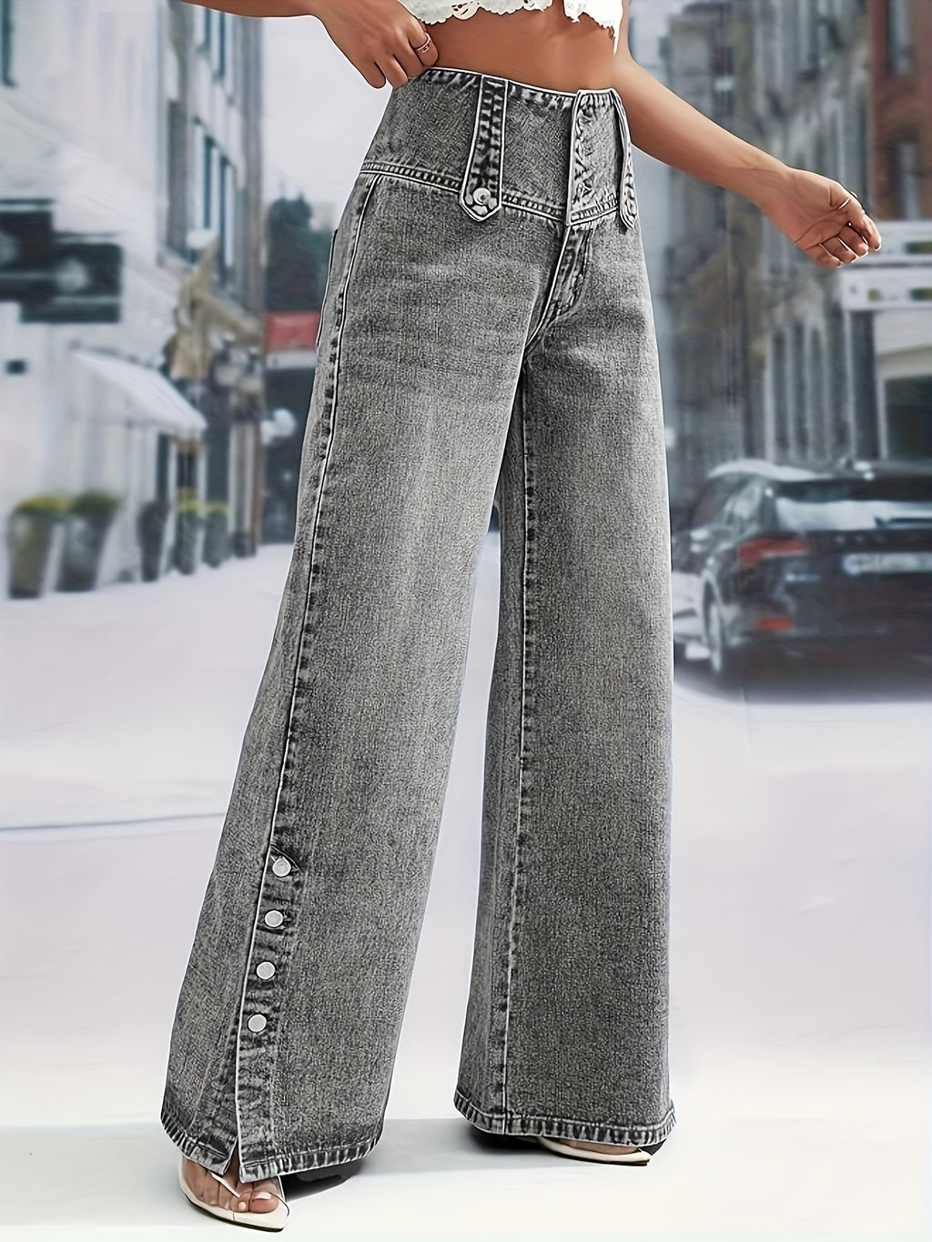 Loose Jeans for Women Button Waistband Open Button Cuff Casual Straight Denim Pants All-Season Machine Washable Travel Streetwear S-XXL
