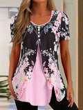 Women's Fake 2pcs V-Neck Printed Short Sleeve T-Shirt Layered Illusion Top Summer Casual Tee Pink S-XXL