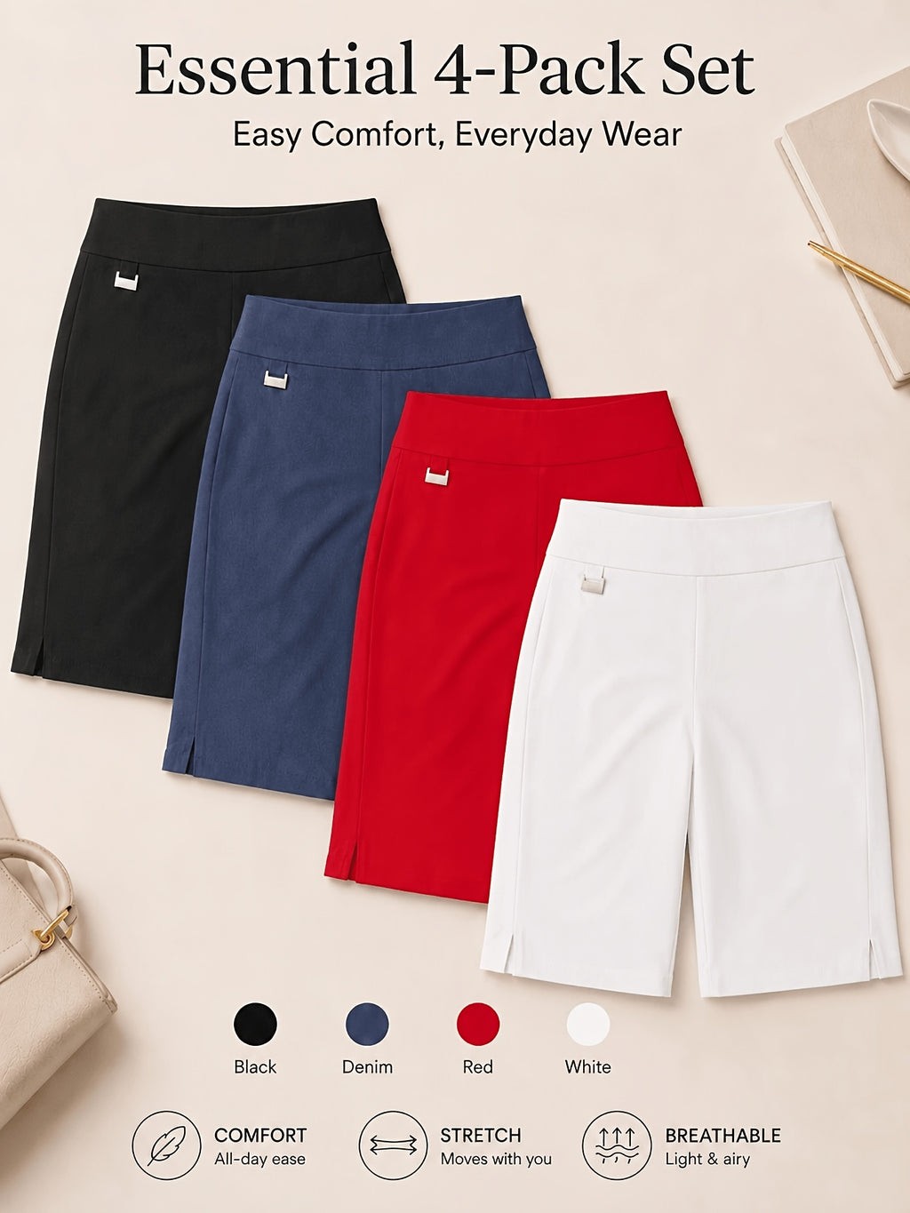 Women's Bermuda Shorts 4-Pack Pull-On Stretchy Breathable Knee Length Work Shorts with Side Slit Hem Skin-Friendly Multi-Color Set
