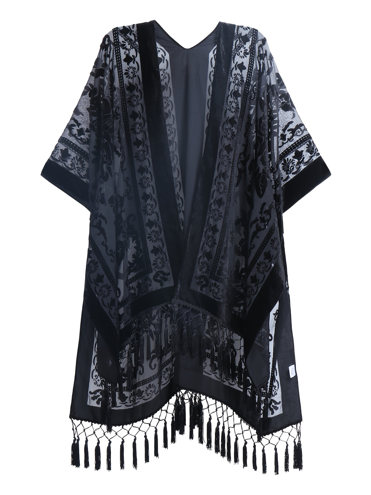 Boho Burnout Velvet Kimono Women Long Cardigan Cover Up Tassel Floral Embroidered One Size
