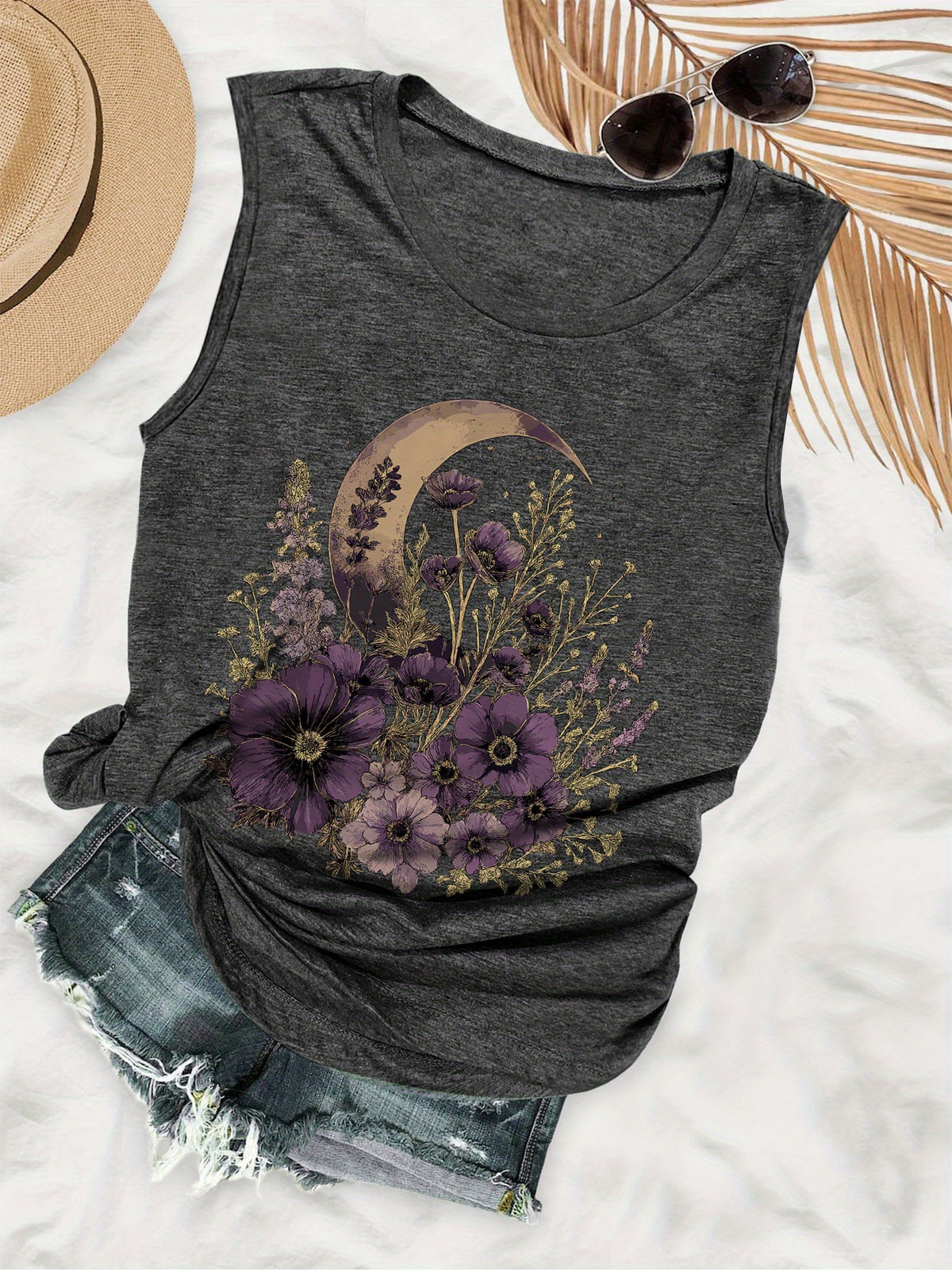 Sleeveless Vest Top Women Floral Print Lightweight Summer Beach Casual Tank White Gray