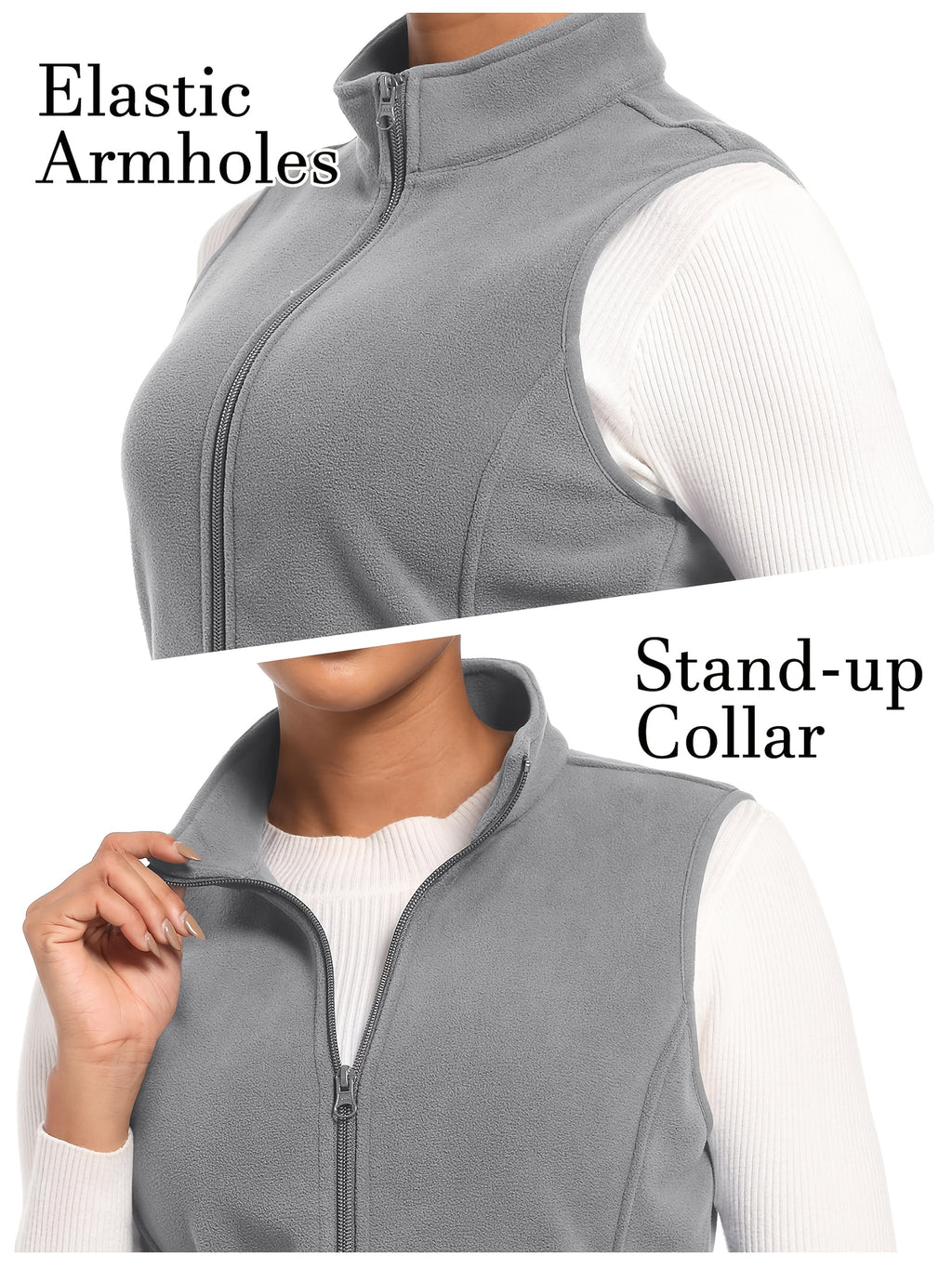 Women's Fleece Zip Vest Lightweight Warm Sleeveless Jacket Stand Collar 4 Pockets Windproof Outdoor Vest S-XXL