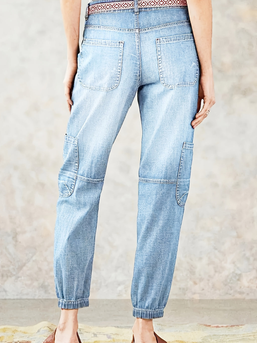 Cargo Denim Ankle Pants Women Elastic Waist Multiple Pockets Heavy Wash Vintage Blue Casual Street Style Fall S-XXL