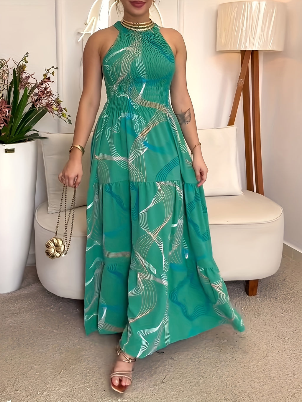 Halter Neck Maxi Dress for Women | Abstract Print Sleeveless Fit & Flare Dress | Ruffled Hem Gathered Waist Summer Dress | Boho Casual Long Dress Women