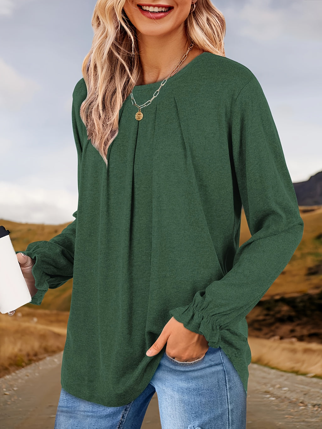 Pleated Ruffle Blouse Women's Long Sleeve Loose Fitting Tunic Top Crew Neck Solid Color Shirt S-XXL | Mira Roam