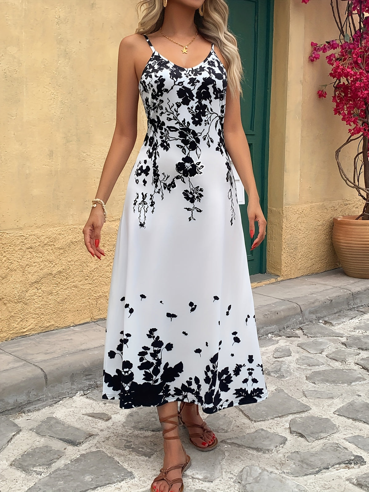 Floral Tropical Print Maxi Dress Women V Neck Spaghetti Strap Summer Vacation Beach Holiday Long Dress Elegant S-XXL