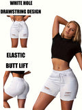 High Waist Denim Shorts Women Distressed Frayed Hem Stretch Slim Fit Drawstring Waist Casual Summer Spring White Non-Ripped Short Pants S-XXL