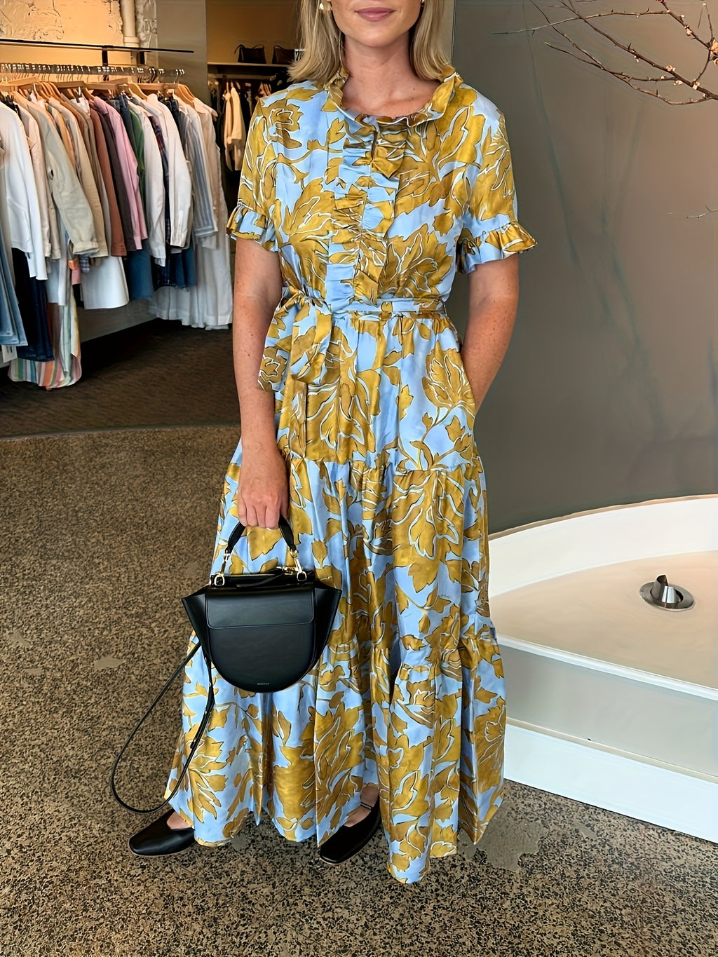 Floral Print Maxi Dress Women V-Neck Ruffle Chest Belted Waist Tiered Skirt with Pockets | Blue Yellow Short Sleeve Summer Dress