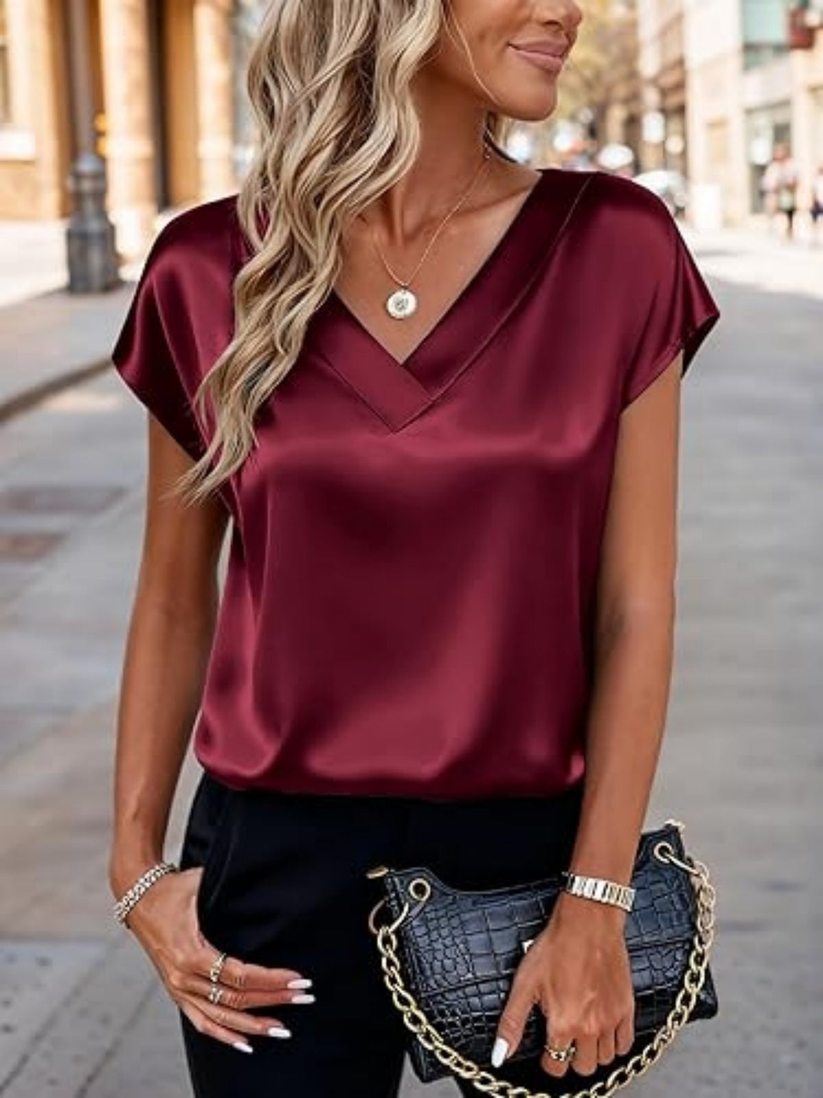 Women Satin V-Neck Cap Sleeve Blouse | Elegant Business Casual Top | Sizes S-XXL