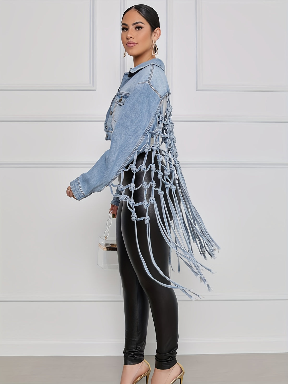 Back Tassel Knotted Denim Jacket Women Streetwear Street Style Fashion Jean Coat Casual Light Blue