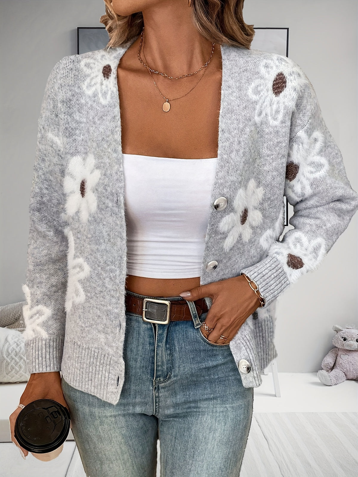 Women Floral Print Button Front Cardigan V Neck Long Sleeve Knitted Sweater Open Front Casual Spring Fall Boho Lightweight Knit Top