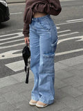Women's High Waist Y2K Cargo Wide-Leg Jeans Light Blue Stretch Multi-Pocket S-XXL