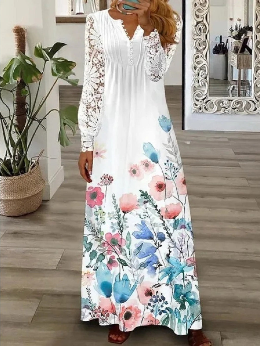 Women's Bohemian White Lace Long Dress V-Neck Long Sleeve High Waist A-Line Flowing Hem Romantic Date Beach Dress
