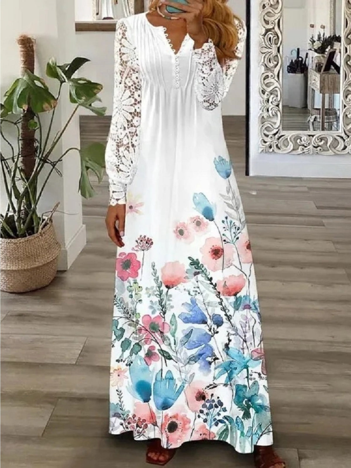 Women's Bohemian White Lace Long Dress V-Neck Long Sleeve High Waist A-Line Flowing Hem Romantic Date Beach Dress