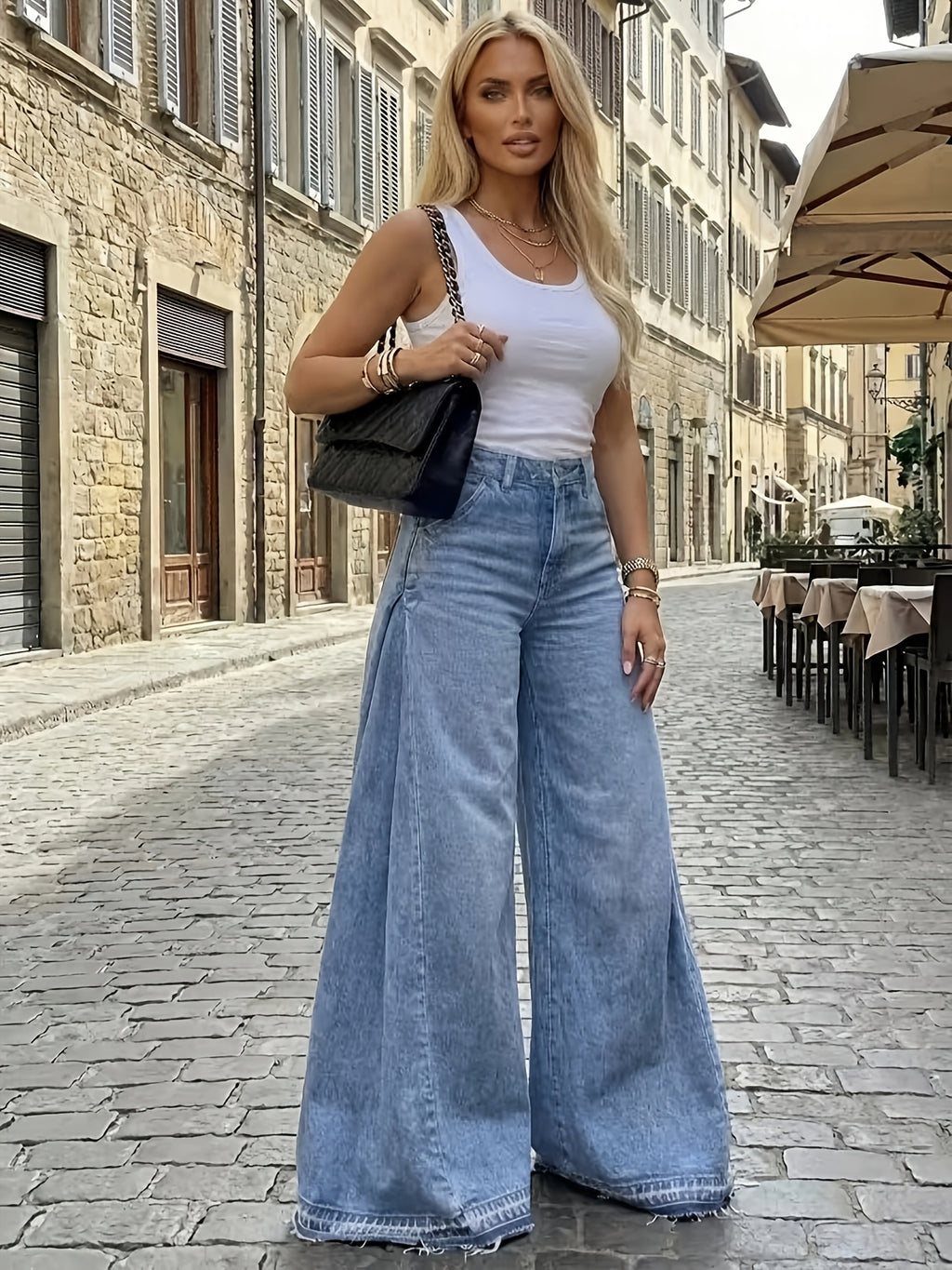 Wide Leg Jeans Women High Waist Flared Denim Pants Baggy Loose Fit Frayed Raw Hem Casual Streetwear All-Season S-XXL
