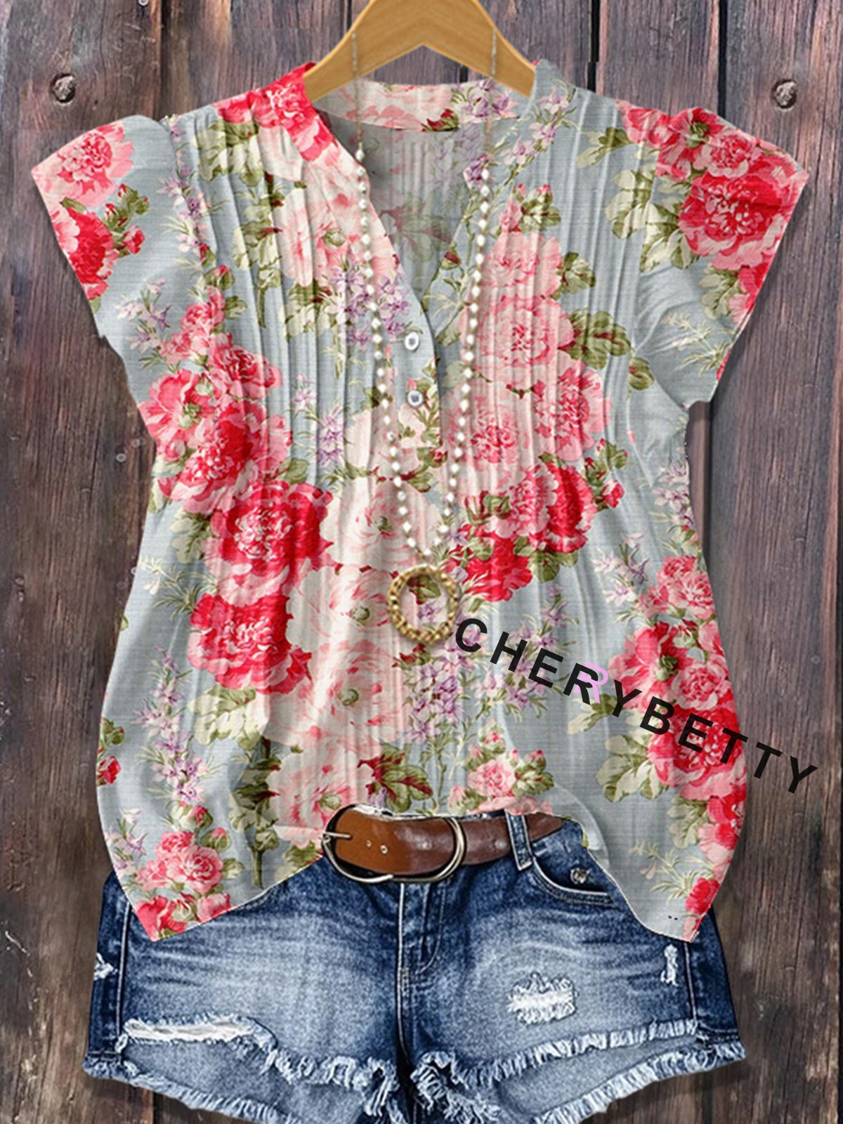 Flutter Sleeve Floral Blouse Women Elegant Chic Casual Summer Top Pink Gray Red Print Lightweight Spring S-XXL