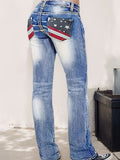 Women's Slim Fit Printed Straight Leg Jeans Medium Blue Casual Denim Pants S-XXL