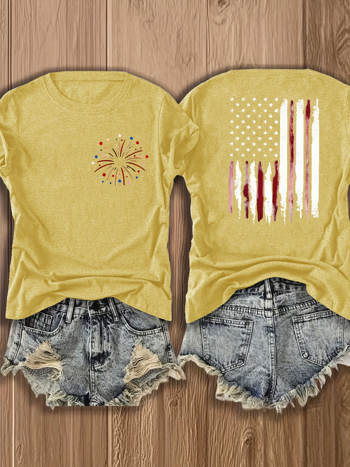 American Flag Print T-Shirt Women Patriotic Graphic Tee Short Sleeve Crew Neck | Fireworks USA Print Lightweight Breathable Top for 4th of July Summer Daily Wear