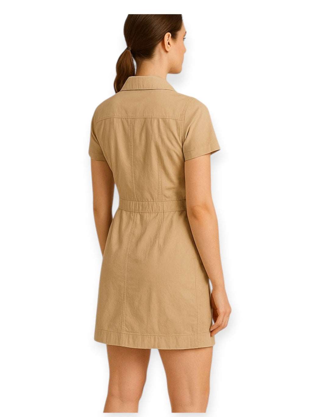 Zip Up Utility Dress Women Short Sleeve Notched Collar Zippered Pockets Elasticized Waist Tailored Casual Work Weekend Shirt Dress Lightweight