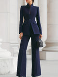 Women's Dark Blue Stand Collar Waist-Ruched 2-Piece Suit Set Smart Silhouette Woven Polyester Office Commute Formal Social Outfit