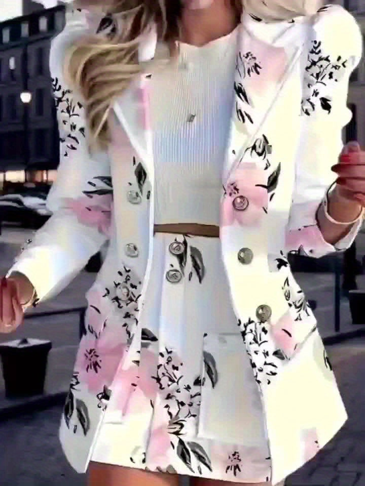Women's Floral Print 2pcs Suit Set Long Sleeve Double-Breasted Blazer Jacket and Bodycon Skirt Elegant Casual Office Outfit