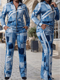 2 Piece Tracksuit Set Women Zip-Up Pattern Print Long Sleeve Top High Waist Skinny Jogger Pants Sweatsuit S-XXL