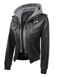 Women's Vintage PU Leather Jacket Windproof Detachable Hood Casual Outdoor Moto Biker Coat S-XXL