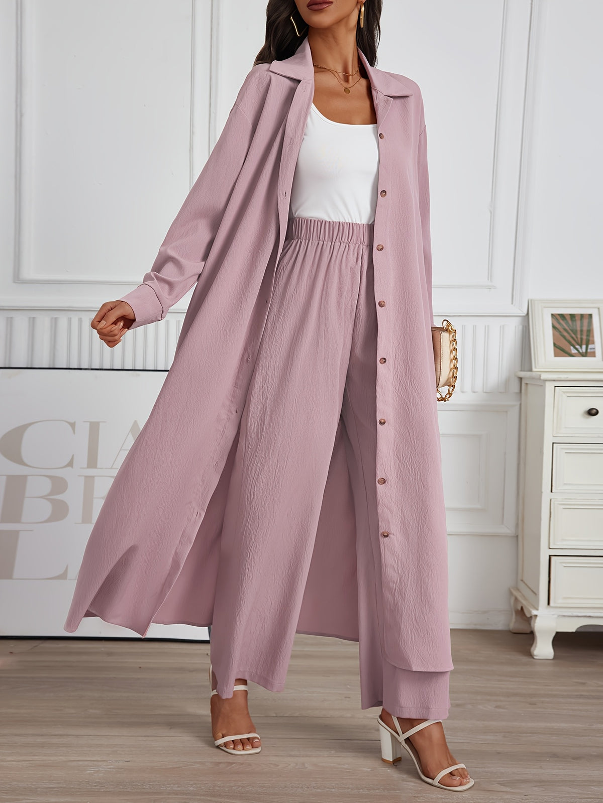 Drop Shoulder Long Shirt Wide Leg Pants 2 Piece Set Women Solid Color Casual Matching Outfit Loose Lounge Streetwear Pink S-XXL