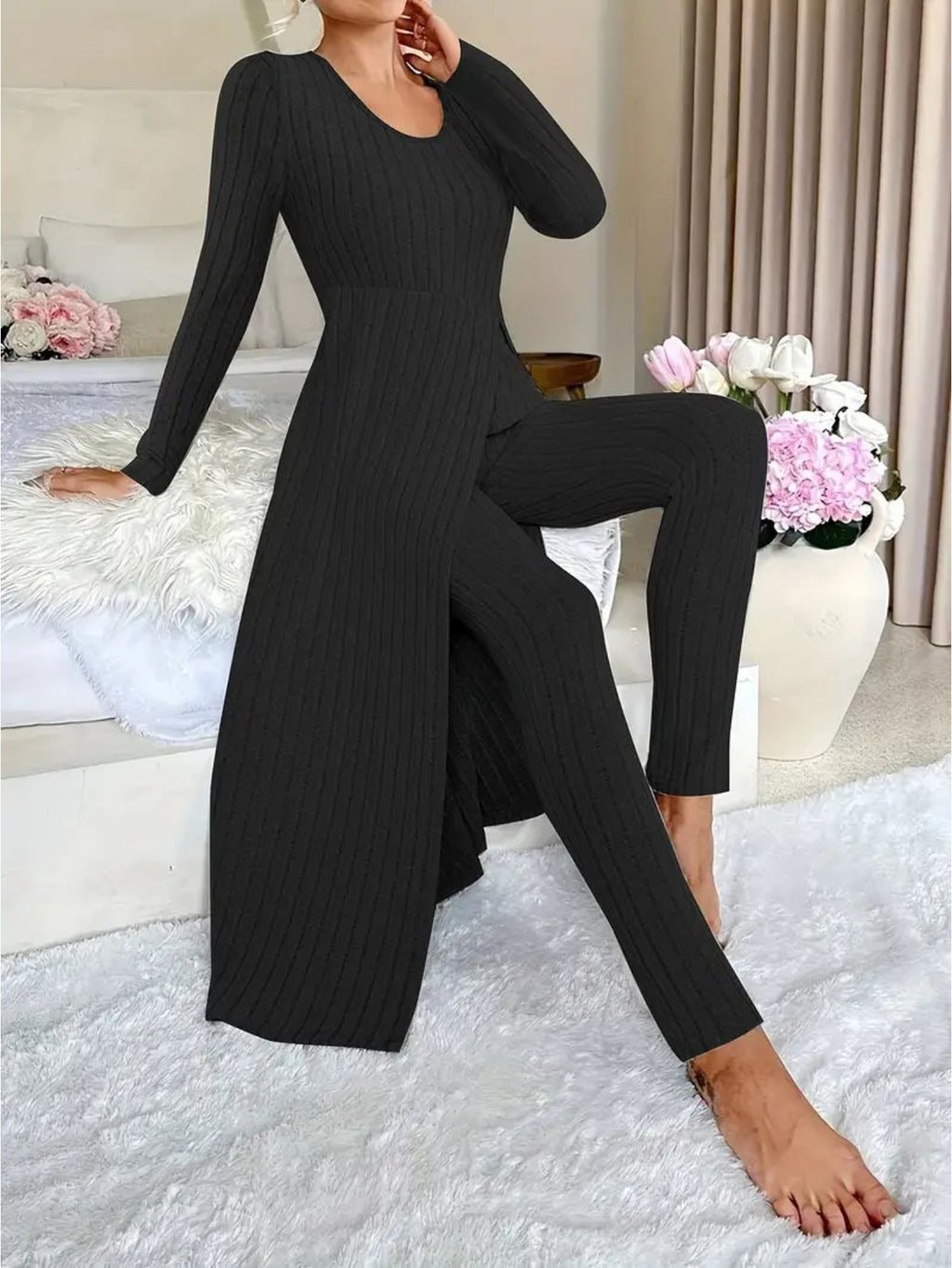 Heavyweight Fleece Lounge Set Women Oversized Long Sleeve Wide-Leg Pants Cozy Winter Two-Piece Ribbed Minimalist S-XL