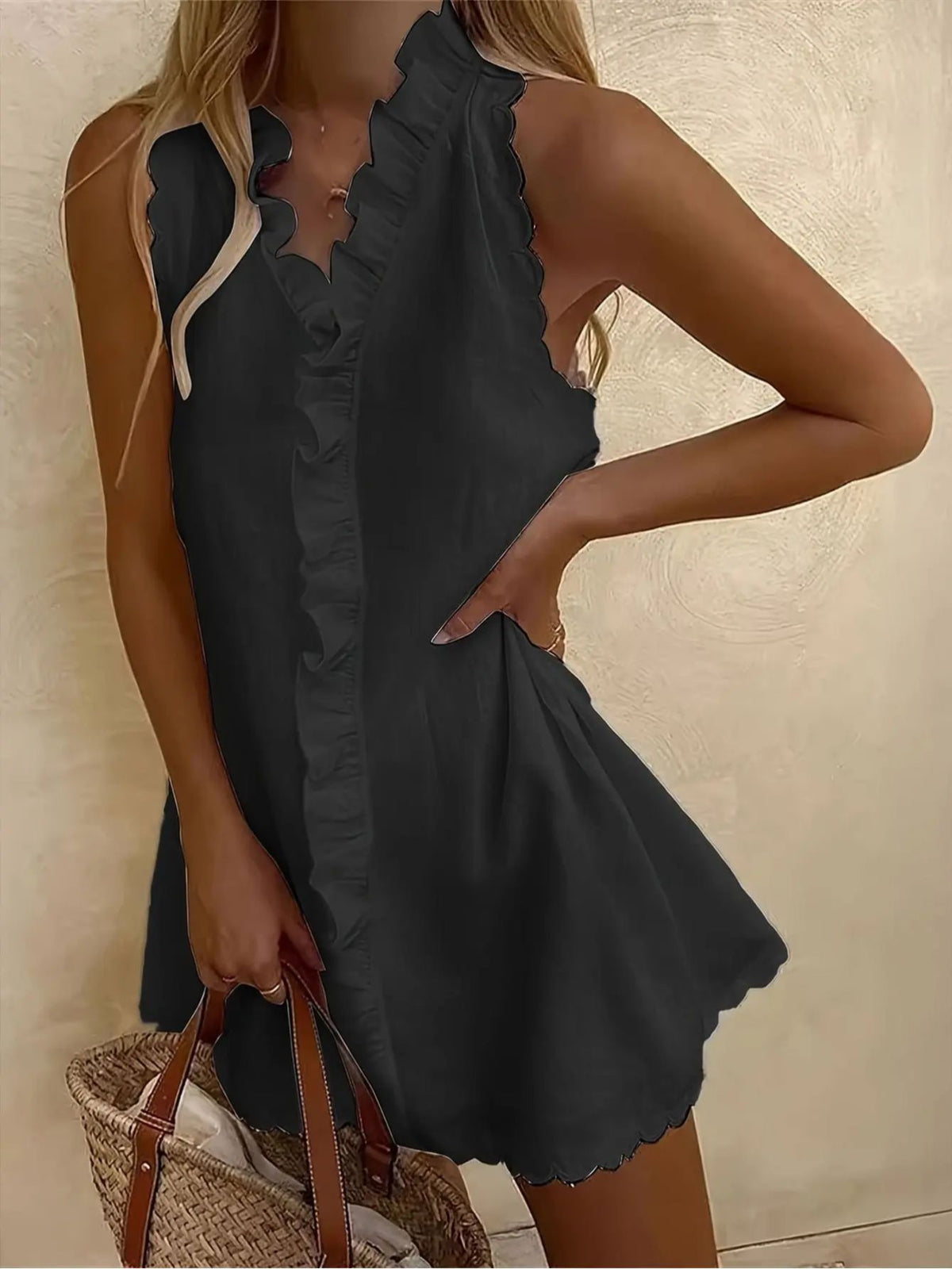 Ruffle Trim V-Neck Casual Dress Women Solid Color Embroidered A-Line Lightweight Summer Beach Midi Dress XS-XL