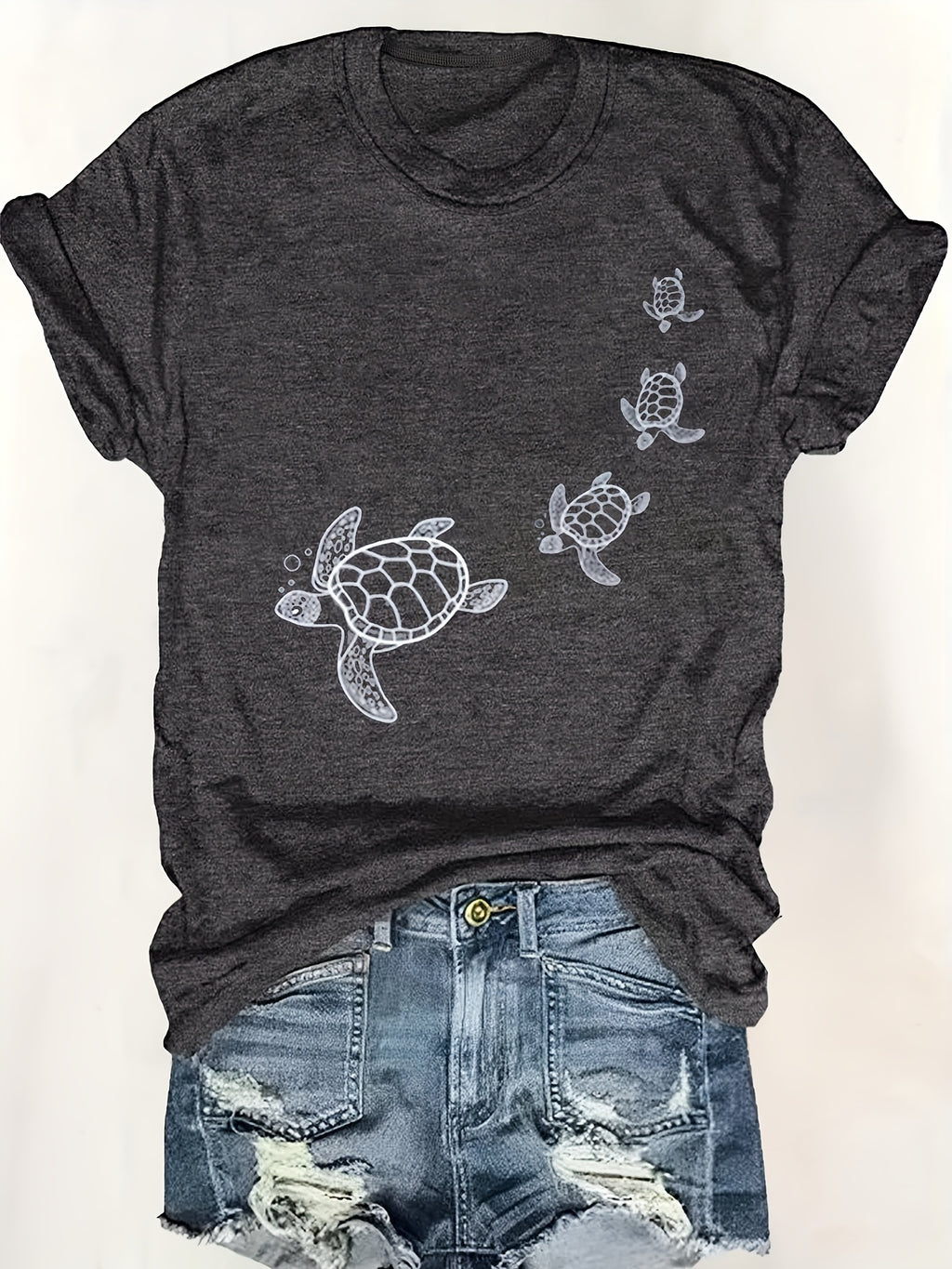 Women's Turtle Print T-Shirt Short Sleeve Round Neck Casual Daily Wear Top Black White Gray S-XXL