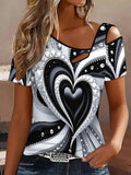 Off-Shoulder Asymmetric Tee Women Chest Hollow Out Heart Letter Print Elegant Casual Top Valentine's Day Gift Date Office Summer S-XXL