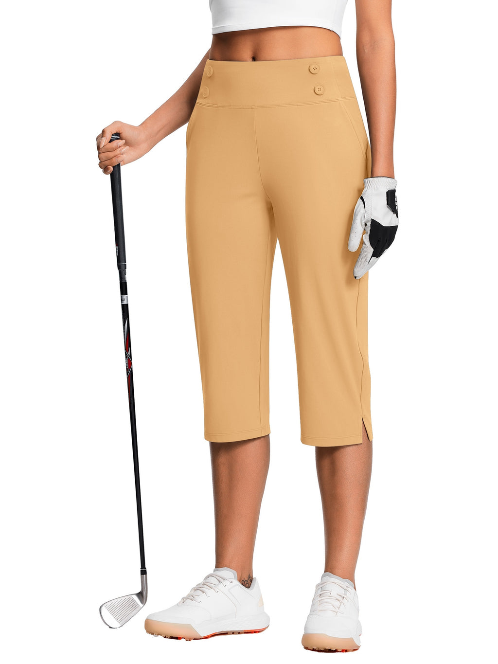 Dressy Stretch Capri Pants for Women High Waist – 18 Inch 82% Polyester 18% Spandex Knit, Elastic Waist Pockets Solid Color Work Casual Summer Spring Fall Comfortable Bottoms S-XXL