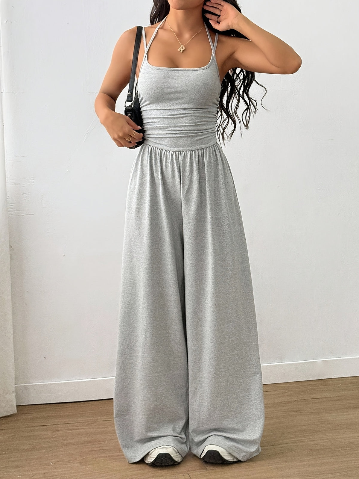 Pleated Loose Fit Jumpsuit Women Casual Wide Leg One Piece Outfit Spring Summer Light Grey Navy S-XL