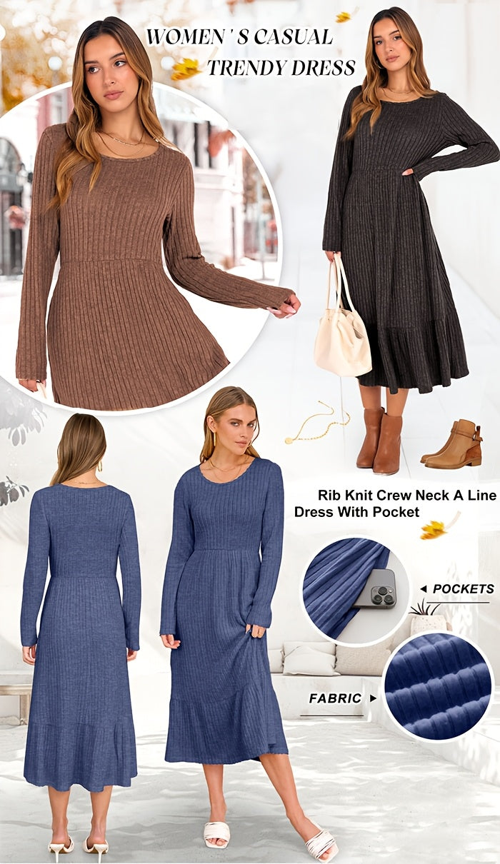 Ribbed Knit Maxi Dress Women Crew Neck Waist Cinched Pocket Warm Flattering Fall Winter Casual Office Daily Solid Color 100% Polyester