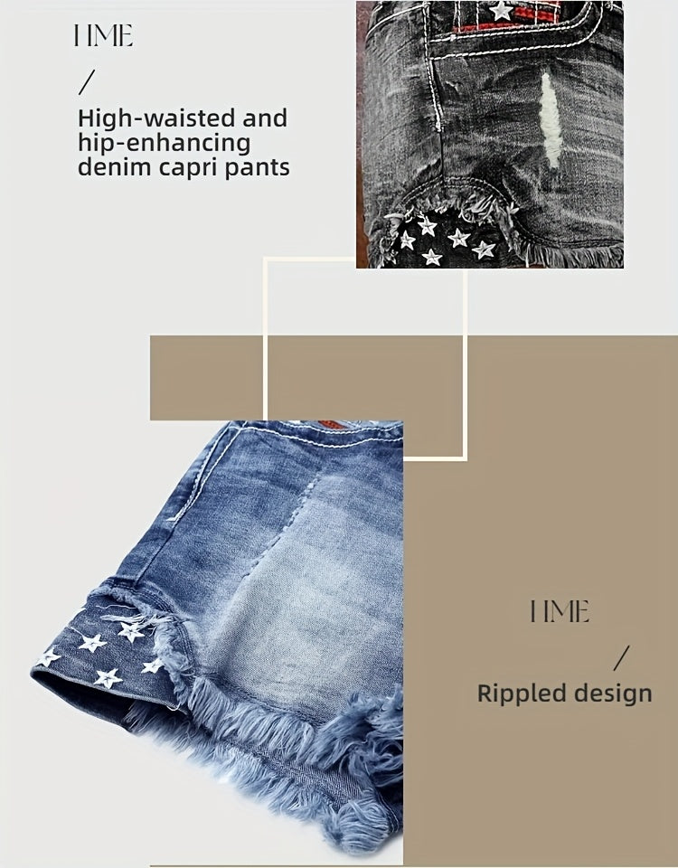 Women Star Striped American Flag Stretch Denim Shorts Patriotic Print Casual Summer Jean Shorts Grey XL