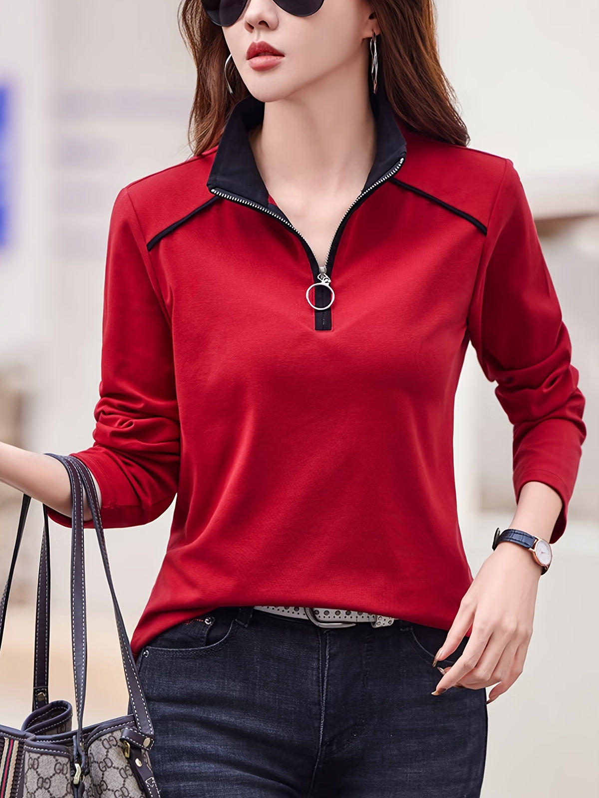 Zipper Collar Blouse Women Elegant Metal Zipper Accent Solid Color Stretchy Casual Formal Spring Summer Top S M L XL XXL